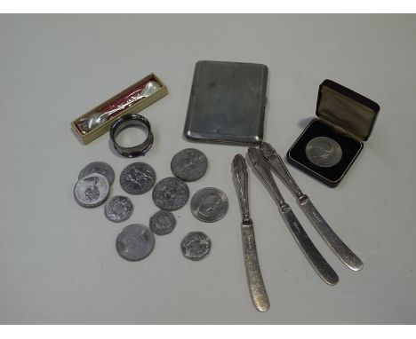 A silver cigarette case with a engine turned decoration; three tea knives with silver filled handles; a silver spoon; the Chu