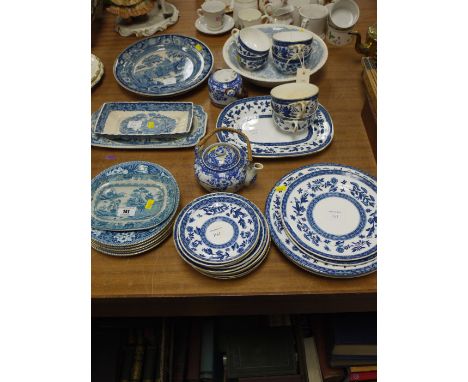 A quantity of blue and white ceramics, including: plates; cups and saucers; a Chinese teapot; etc.