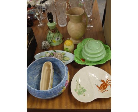 A Maling blue bowl with floral decoration; and a pottery contemporary table lamp.