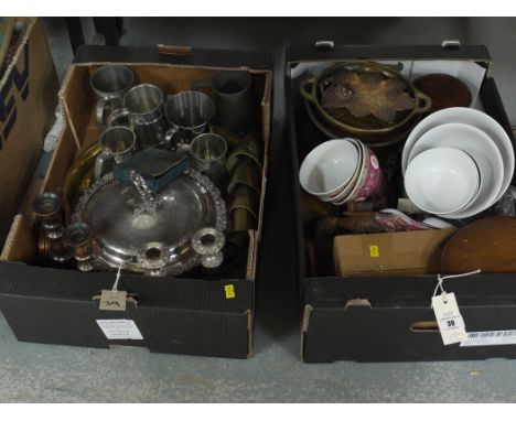 Two boxes of sundry items, including: silver plated ware; pewter tankards; Oriental rice bowls; a glass table lamp; etc.