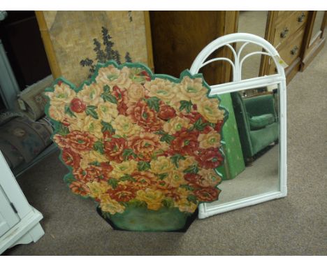 A rectangular mirror in white painted bamboo frame; together with a shaped firescreen with floral decoration.