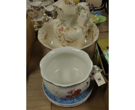 A Victorian Devon Ware toilet jug and basin; together with a Doulton floral decorated chamber pot; and four reproduction Spod