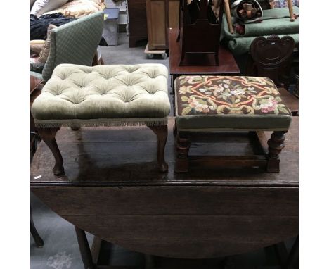 A late Victorian footstool, tapestry upholstered top on ring turned supports 41cm wide  and played block feet, together with 