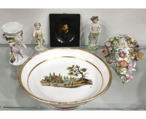 Continental and British ceramics including 18th century Derby figure of a putto, Dresden bracket, painted dish and an oil on 