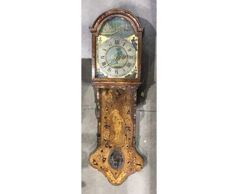 A Dutch Frisian Staart (tail) marquetry inlaid wall clock, painted dial decorated with Dutch boats and village scene, above f