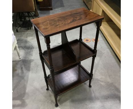 An early Victorian two tier stand, portioned and shelf under tiers united by ring turned supports on pad feet 48cm wide