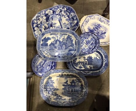 A collection of Staffordshire blue and white plates, including Rogers, Handley Village Fishermen, a Spode Tivoli etc