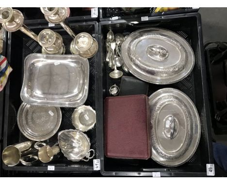 A collection of Victorian and later silver plate, to include a pair of three branch candelabras; a cased pair of fish servers
