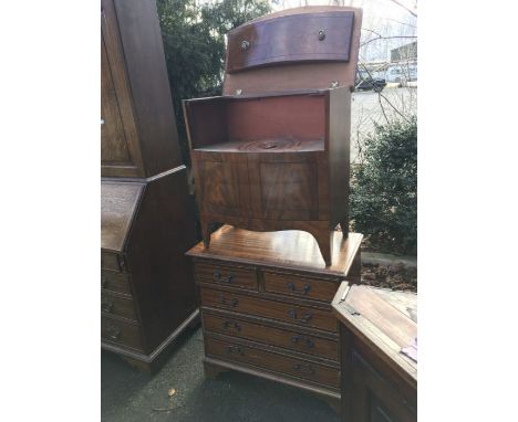 A George III mahogany and ebony strung bow front commode, 66cm wide, 70cm high, 43cm deep together with a reproduction chest 