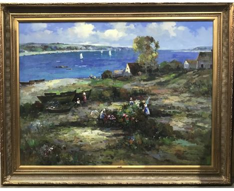 L..Catherine (?) (20th Century), a beach scene with figures, signed l.r., oil on canvas, 90 by 120cm, framed, with K.. Lee (2