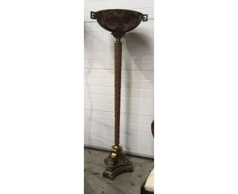 A Maitland Smith faux agate torchere floor lamp, the bowl shade within Greek key cast metal frame on resin reeded and ribbon 