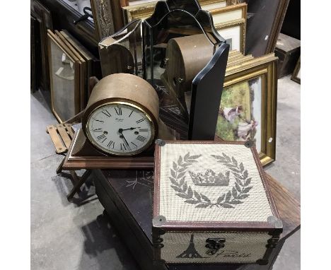A woodford Franz Hermle Napoleon hat clock together with a triptych mirror and a hessian covered box 'Paris' (3)