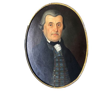 British School, early 19th Century, portrait of a gentleman, bust length in a black coat and tartan waistcoat, oval, oil on c