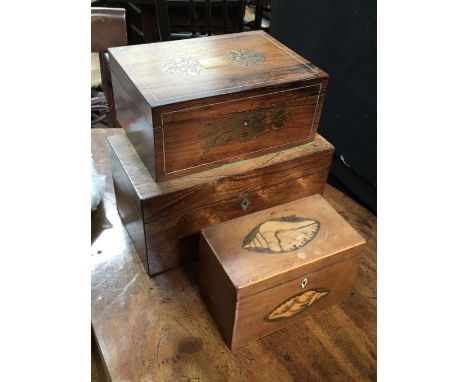 A George III rosewood tea caddy, together with a rosewood and brass feet inlaid box, lacking fittings and a tea caddy with ma