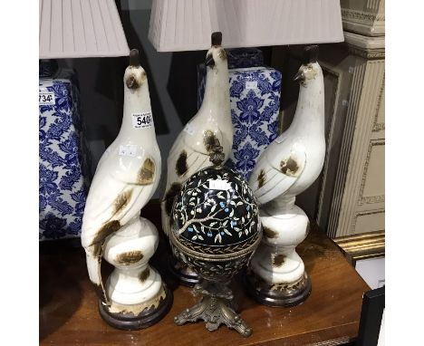 Three large ceramic bird figures, modelled on baluster plinths, together with an enamelled and metal mounted ceramic box and 