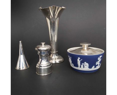 An Edwardian silver pepper mill, Hukin &amp; Heath, Birmingham 1908, a Victorian trumpet vase, Horace Woodward &amp; Co, Lond