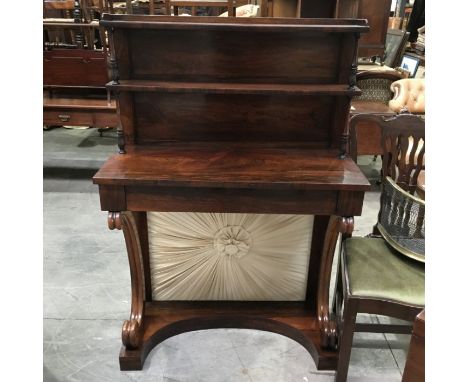  A Regency rosewood console/ hall table, fitted shelf back above plain top and single drawer, on C scroll supports and shaped