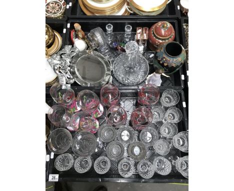 Collection of cut glass and other items, including Waterford crystal clock, Swarovski ornaments, drinking glasses, Cloisonne 