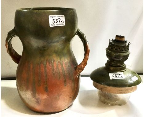 Herman August Kähler Art Deco Danish Ceramic Vase, handpainted with stylised leaves, together with a twin handled trickle gla