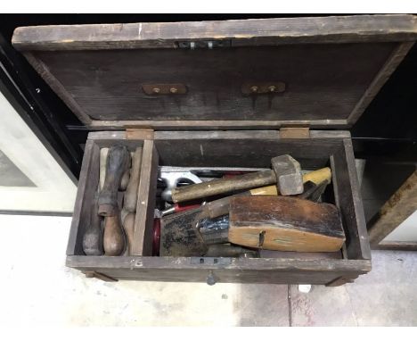 A Box of woodworking tools including hand tools, planes, an axe etc