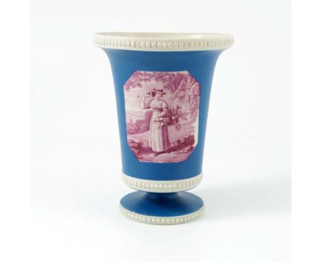 A Copeland Spode style pedestal vase, circa 1860, trumpet form, with puce printed decoration depicting a lady gardening, with