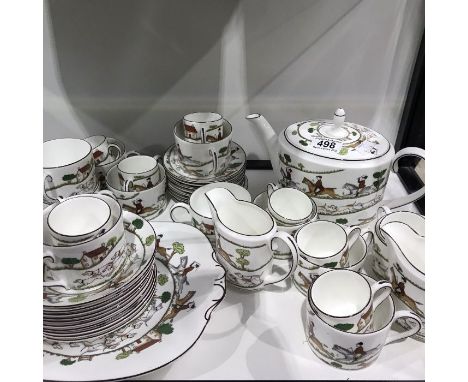 A Wedgwood Hunting Scenes tea service, including teapot, cups, saucers, jugs etc