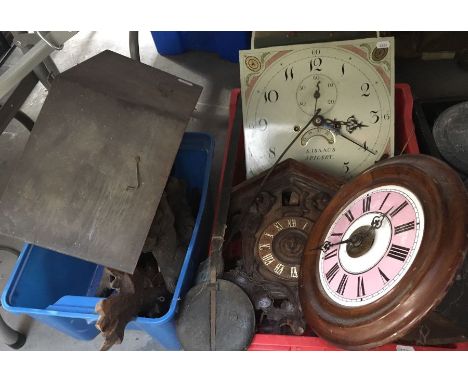 A quantity of clocks, including clock face by S. Isaccs Spilsby, with subsidiary seconds dial and calendar aperture, two vint
