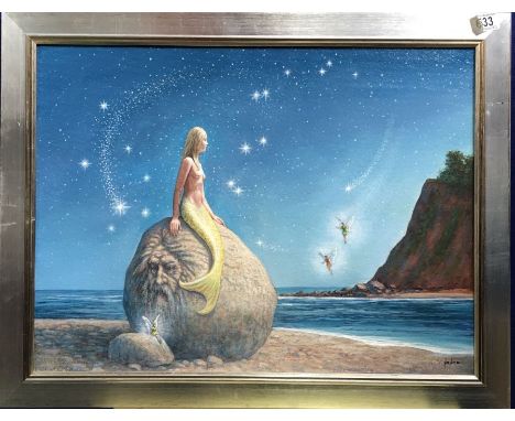 Mike Nance (British, 20th Century), Mermaid on a boulder, signed l.r., oil on board, 45 by 60cm, framed 
