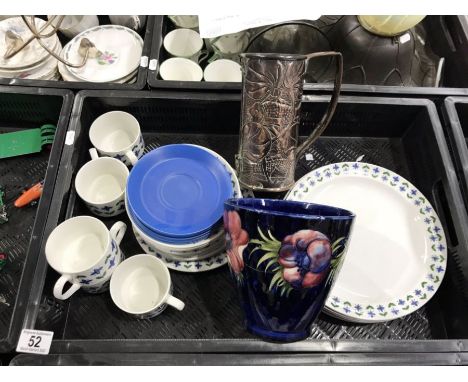 A Moorcroft Anemone jardiniere, together with Midwinter Roselle breakfast ware, Arts and Crafts repousse copper vase