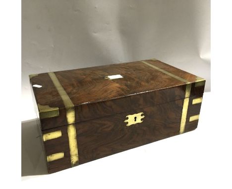 A Victorian walnut brass bound writing slope, interior tool leather writing surface, 45cm x 25cm x 17cm