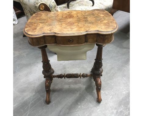 A Victorian walnut sewing table, ogee moulded lid, fitted cedar lined interior with fret carved covers, on carved and reeded 