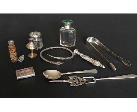 A collection of silver and EPNS, to include a Victorian silver and enamel topped scent bottle, London hallmarks, a pair of si