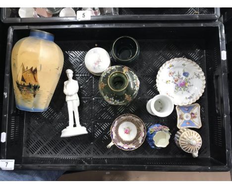 Ceramics and glass, including Dresden chocolate cup and cover, pin dish, Moser enamelled glass vase, figure of any army offic