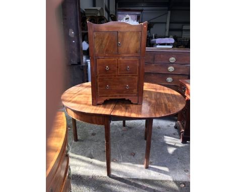 A George III mahogany drop-leaf Demi lune breakfast table, 134cm wide x 73.5 cm high and 107cm deep, together with a mahogany