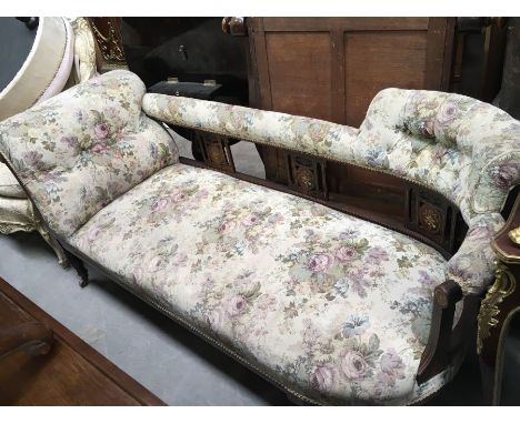 A Victorian mahogany and boxwood parquetry inlaid chaise lounge, with machined tapestry upholstery