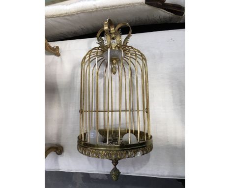 A brass ,birdcage, hanging lantern, with coronet surmount and cut glass dished shade, 67cm high