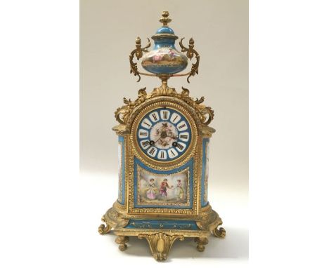 A Sevres style porcelain and gilt metal mantel clock, painted panels of rural scenes and courting couples, blue ground with f