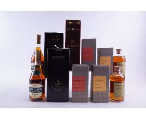 11 BOTTLES BRANDYNapoleon 2 x VSOP; Cognac Frapin 2 x VSOP Cognac (boxed); Ararat 6YO; Marquis de Montesquiou 2 x Armagnac XO