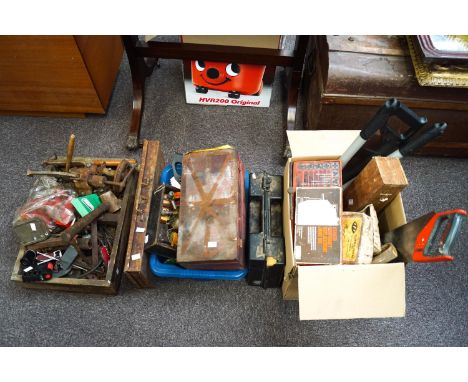 A large collection of assorted tools to include drill bits, drill, tap and dye set and others