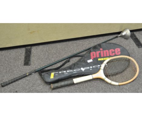 A vintage Dunlop tennis racquet, together with a Wilson tennis racquet and a Macgregor 10.5" oversize 1 golf club