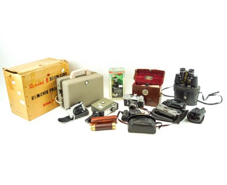 A collection of vintage cameras to include Zenit-E, Moshvan 8D, a Dekko recorder, Rexinen projector and more 