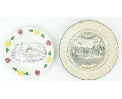 A 19th century French commemorative plate with Napoleon, 19.5cm diameter and another children's plate, Dawson Low Ford potter