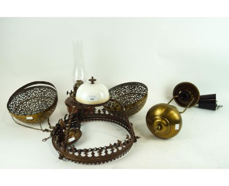Two pierced brass ceiling light shades and other lights