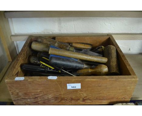 WOODEN BOX AND ASSORTMENT OF HAND TOOLS