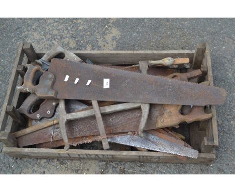 BOX OF MIXED HAND SAWS AND OTHER TOOLS
