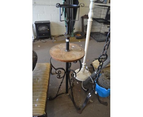 CAST IRON LAMP STAND/CANDLE HOLDER WITIH WOODEN SHELF, APPROX 126CM HIGH