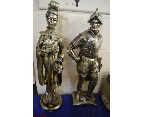 TWO GILT PAINTED FIGURES, ONE OF AN ASIAN LADY, THE OTHER OF A KNIGHT, EACH APPROX 65CM HIGH
