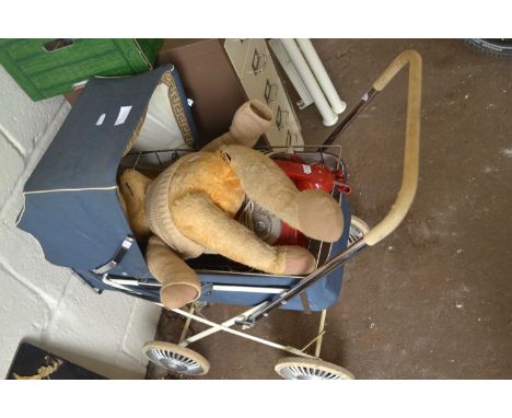 CHILD'S PRAM TOGETHER WITH A TEDDY BEAR AND VINTAGE TELEPHONE