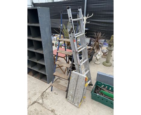 AN ABRU THREE WAY FOLDING LADDER, A TUBULAR METAL STEP LADDER AND A BUILDERS HOP UP 