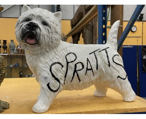 A LARGE CERAMIC MODEL OF A DOG WITH ADDED SPRATTS DESIGN, HEIGHT 43CM A/F 